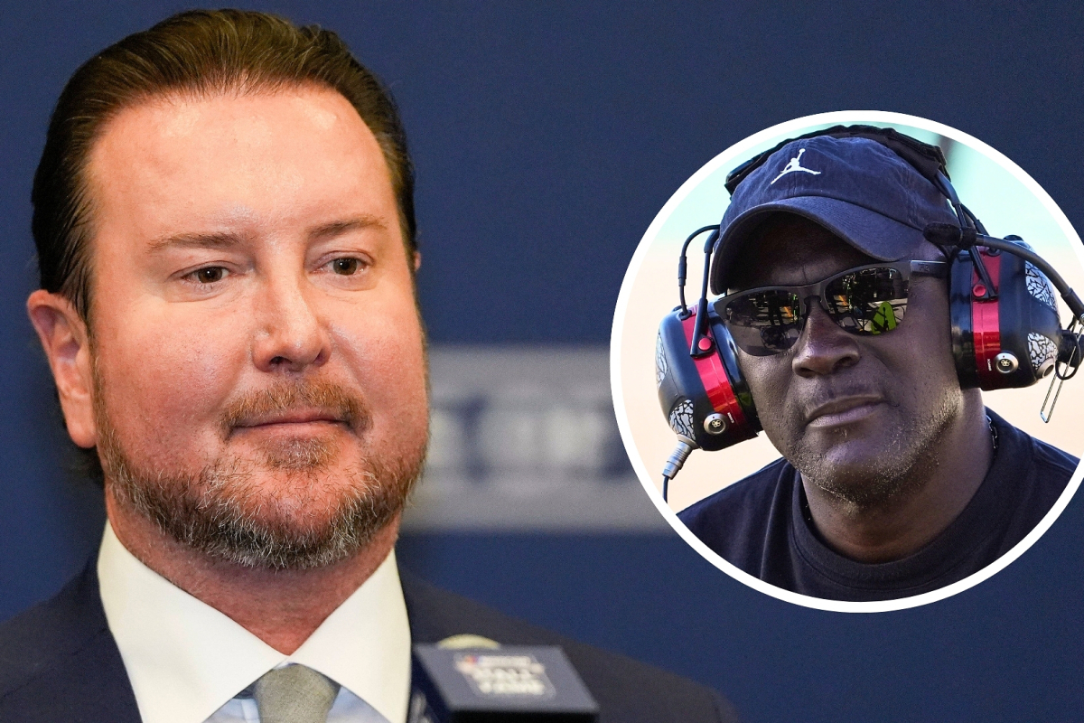 An image of NASCAR driver Kurt Busch, with a cropped circle image of Michael Jordan