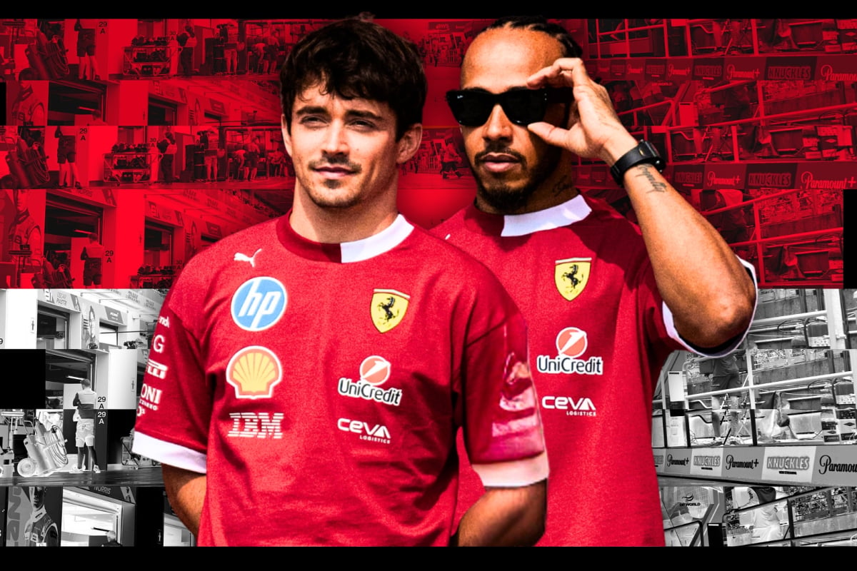 Leclerc smiling next to Hamilton looking serious with sunglasses on in front of Monaco red and white background