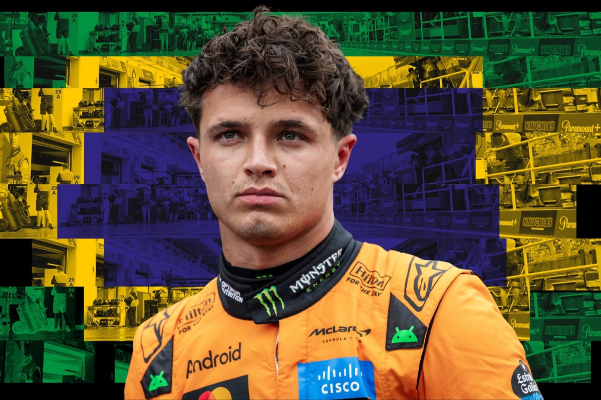 Lando Norris is pictured in front of a composite of a Brazilian flag