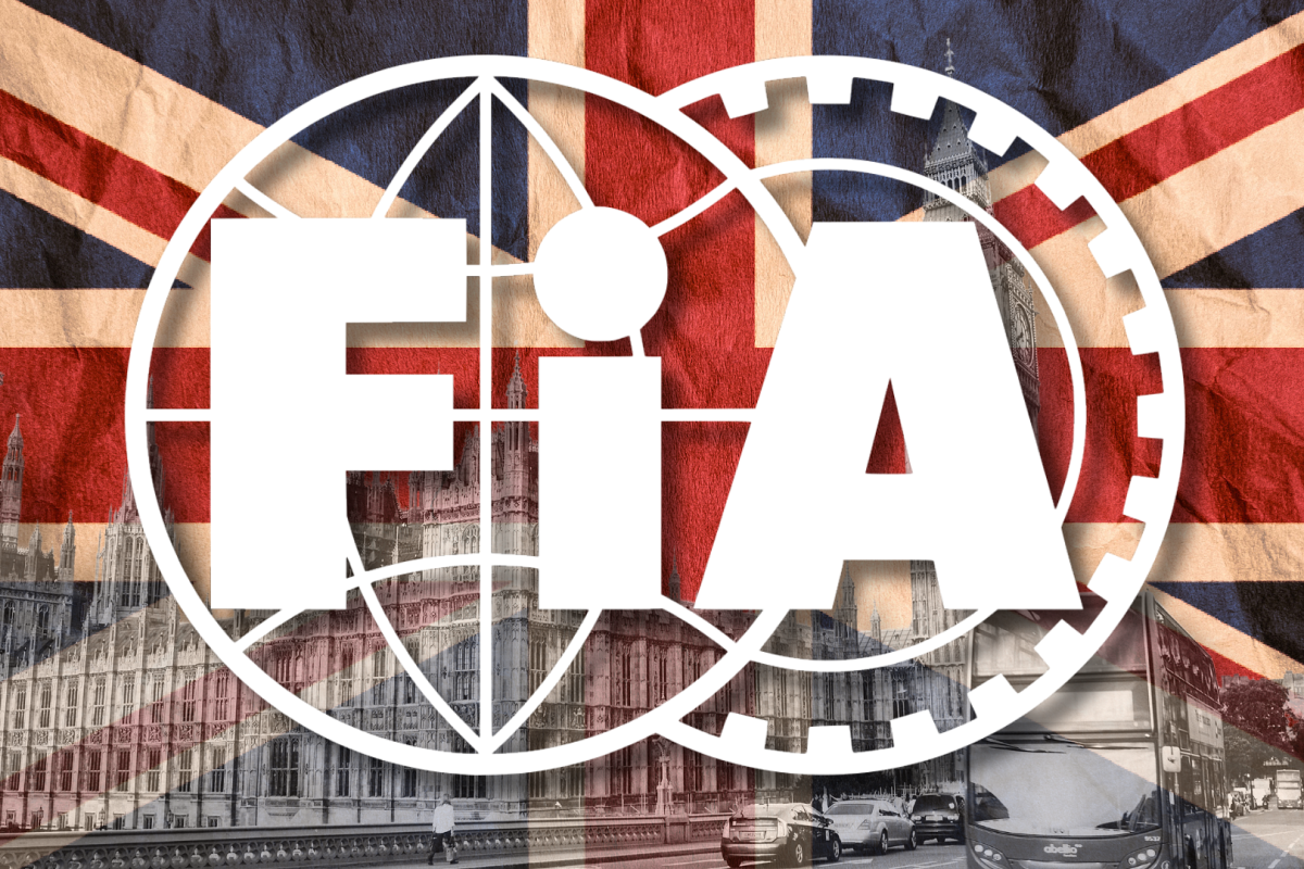 White FIA logo with London-themed background and union jack flag