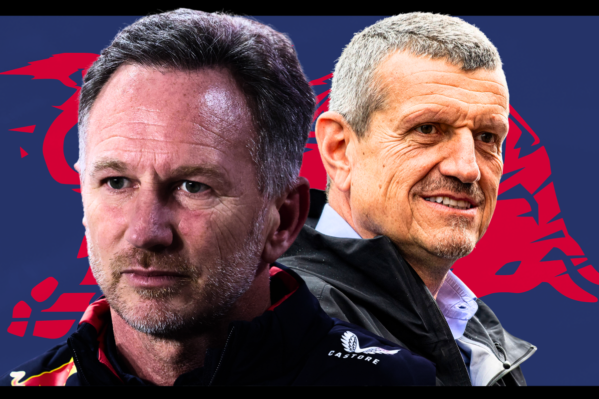 Christian Horner looking sad and Guenther Steiner smiling in front of a Red Bull logo