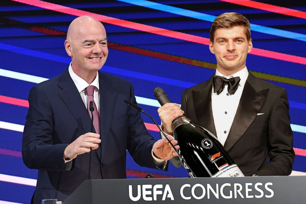 Gianni Infantino stands next to Max Verstappen 