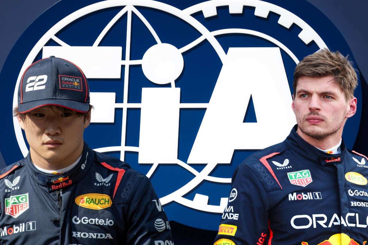 Yuki Tsunoda, Max Verstappen, in front of an FIA flag