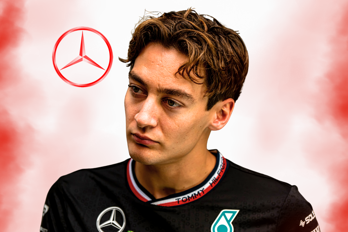 Russell in Mercedes F1 kit looking confused with a red Mercedes logo behind him and a background on theme of the Canadian flag colours