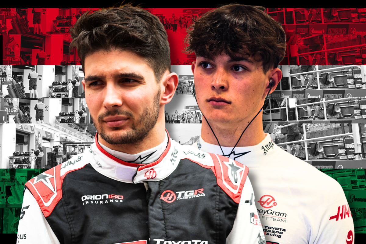 Ocon and Bearman in Haas F1 kit in front of red, white and green Hungarian flag-themed background