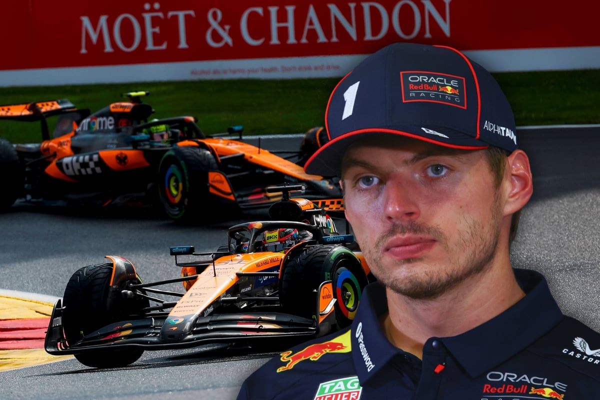 Composite image of Verstappen overlooking two McLaren cars on track