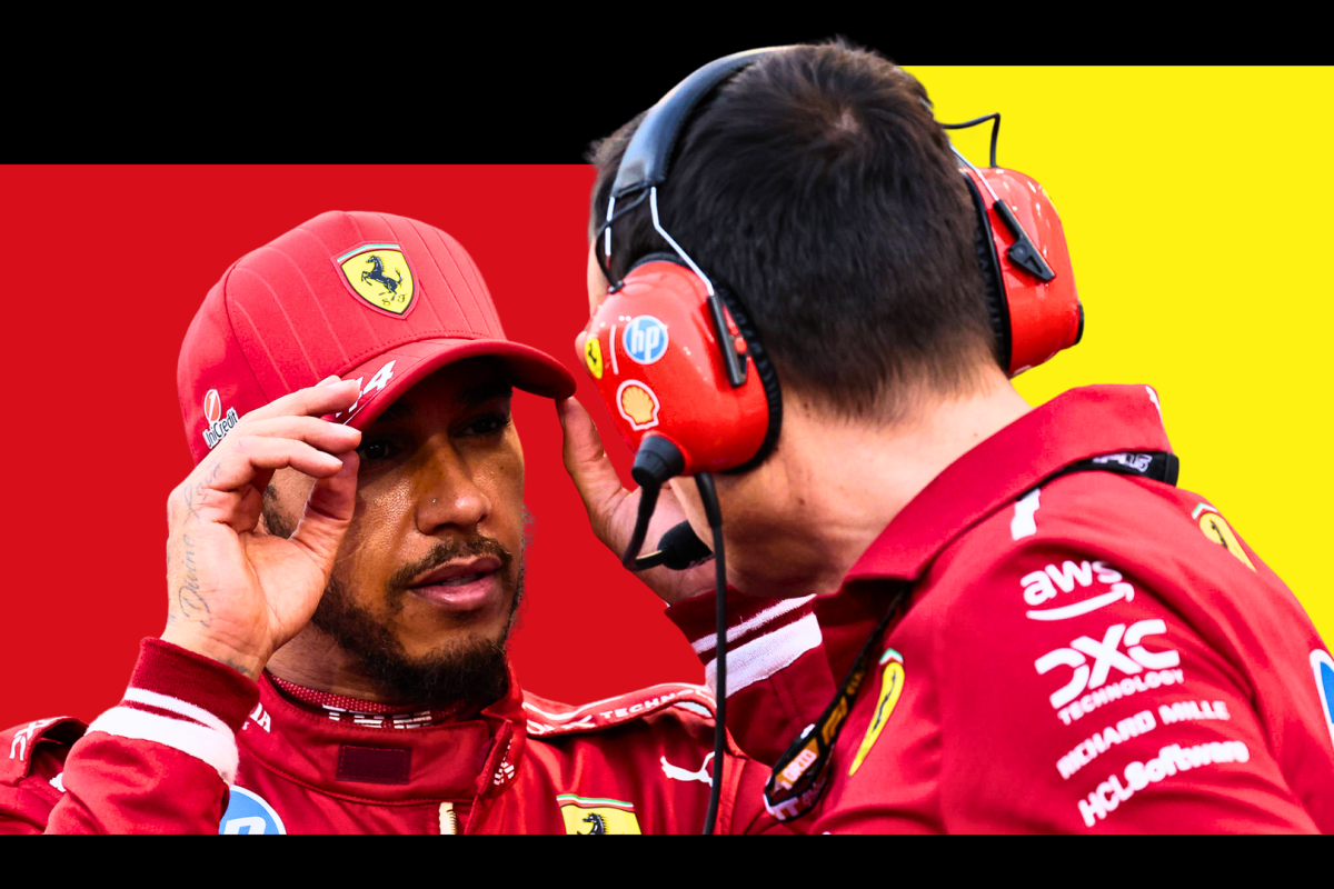 Hamilton looking annoyed facing Adami who has his back to the camera with edited red, yellow and black block background