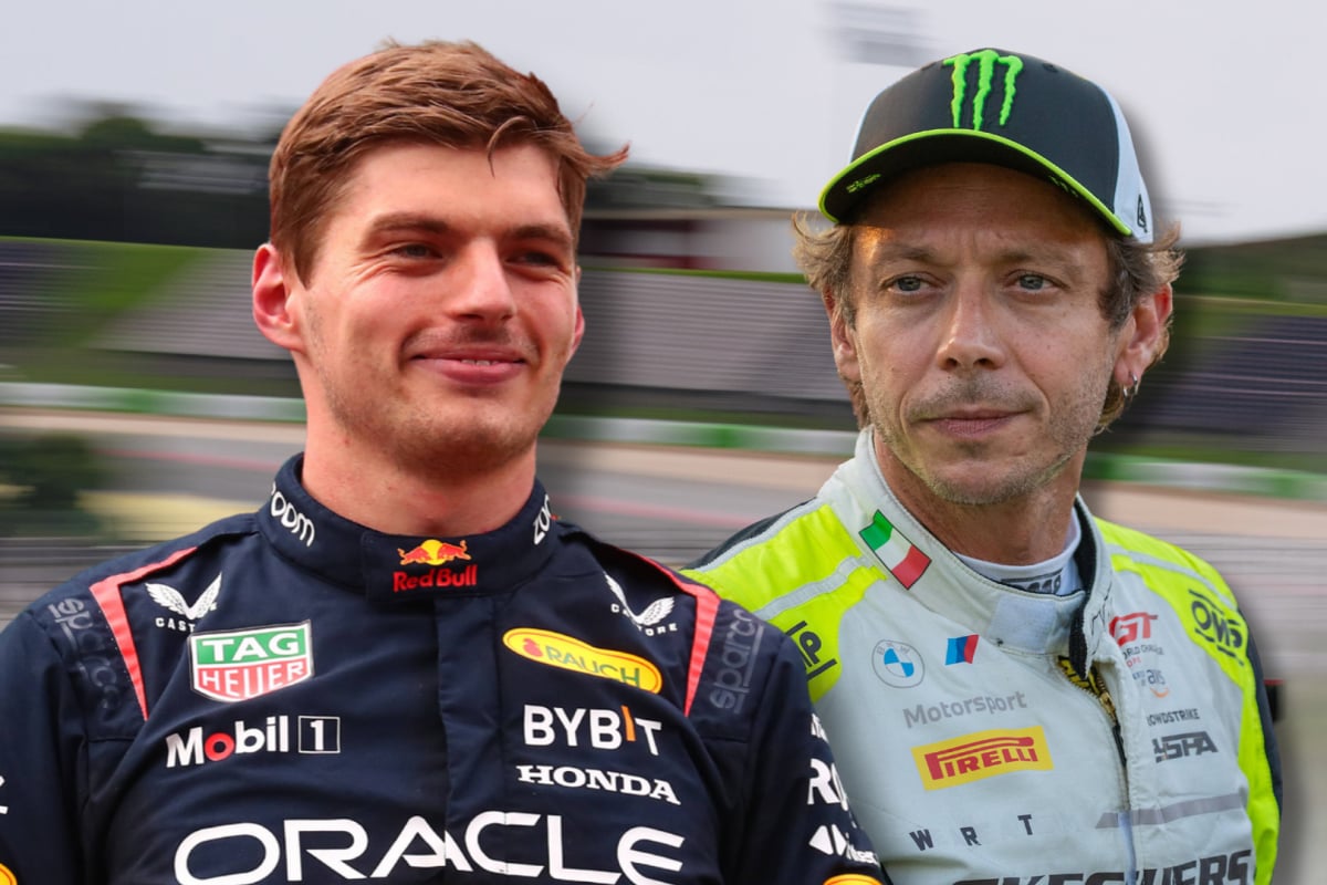 Max Verstappen and Valentino Rossi are shown in a composite picture