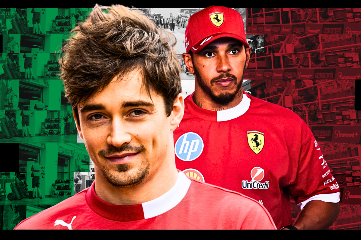 Lewis Hamilton and Charles Leclerc in front of an Italian flag themed background shot of the Italian GP