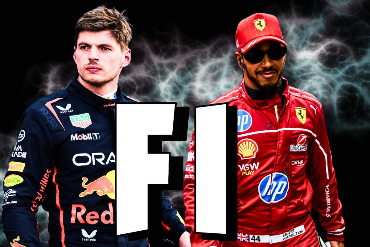 Max Verstappen and Lewis Hamilton stand behind an F1 logo in Fortnite font