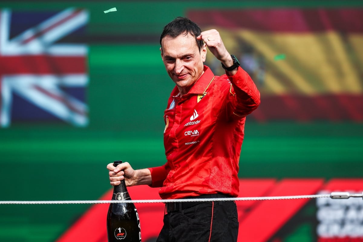 Riccardo Adami celebrating on the podium at the 2024 Mexican GP with Ferrari