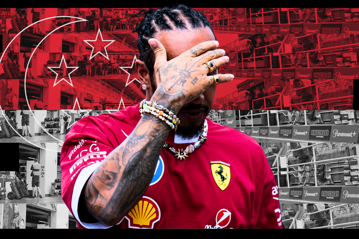 Hamilton looking ashamed in front of a Singapore flag-themed background