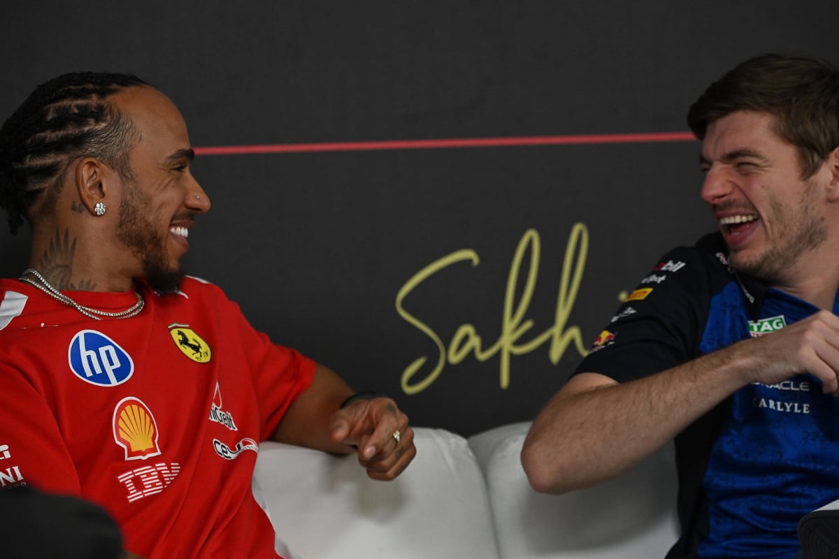 Lewis Hamilton and Max Verstappen having a giggle at Wednesday's press conference in Bahrain
