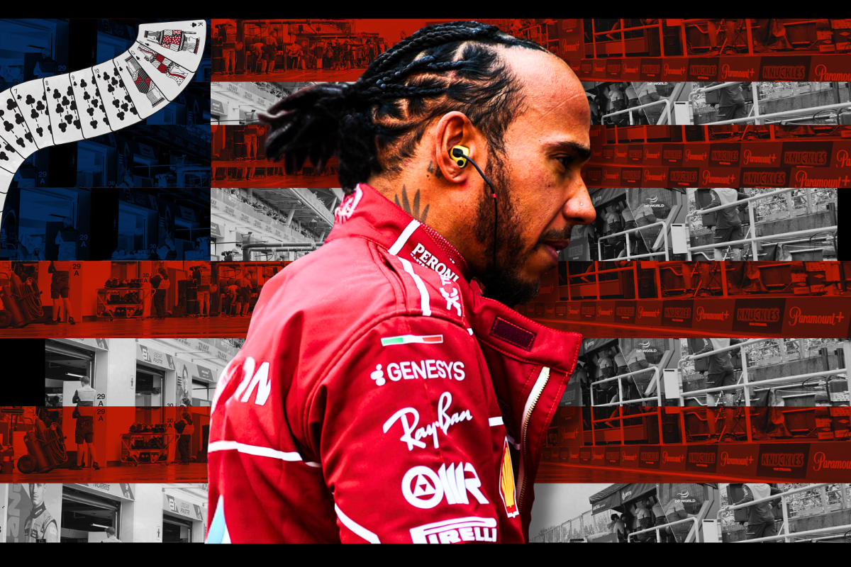 Hamilton looking sideways with a serious expression in front of an edited Vegas-themed F1 background