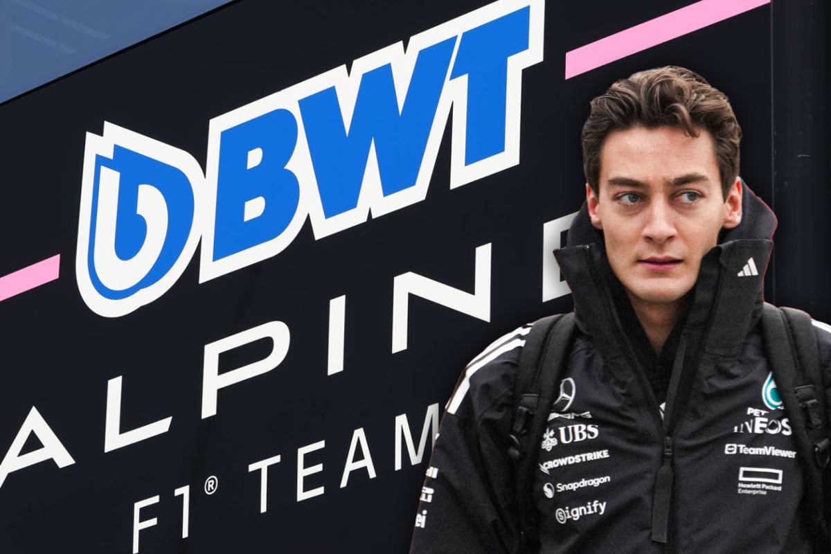 Alpine F1 team name sign with a concerned George Russell edited over the top in Mercedes kit