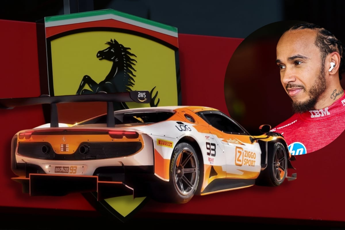 A Ferrari GT car is shown with an inset of Lewis Hamilton looking towards it