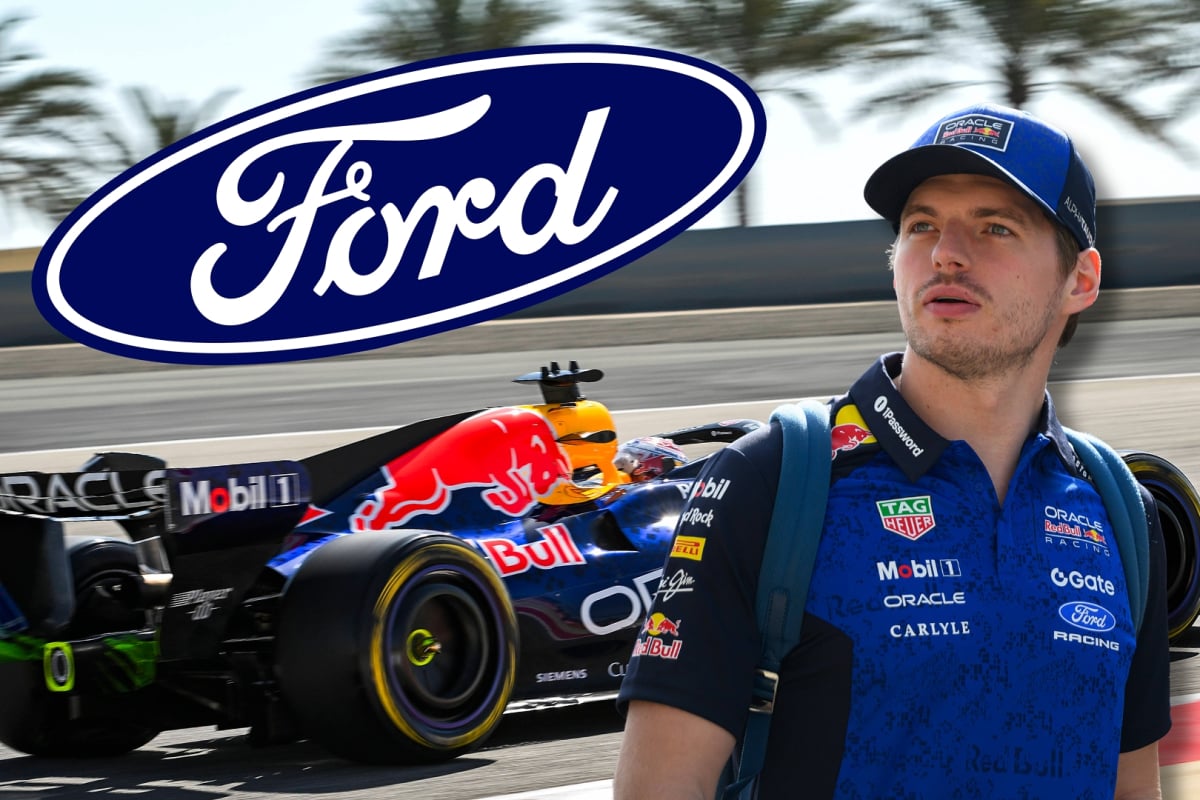 Max Verstappen is pictured with a Red Bull car looking at a Ford logo