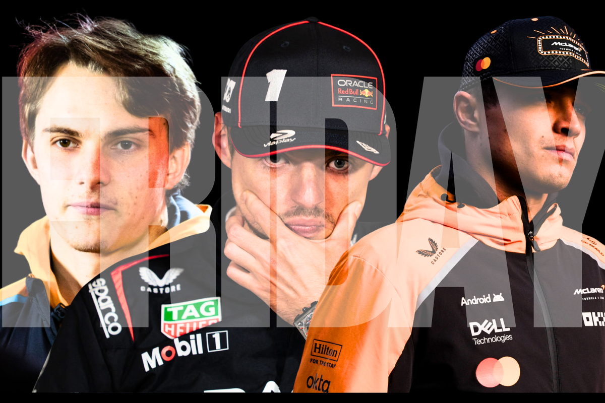 serious looking piastri, verstappen and norris all in f1 team kit in front of a black background and large see-through 'friday' graphic in front