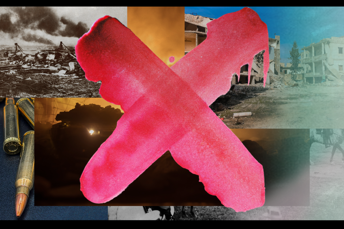 A spray-painted X in front of a series of war zones