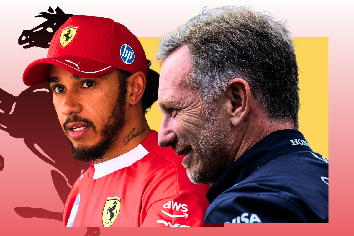 An edited feature image of Lewis Hamilton looking shocked and Christian Horner smiling with a Ferrari logo in the background 