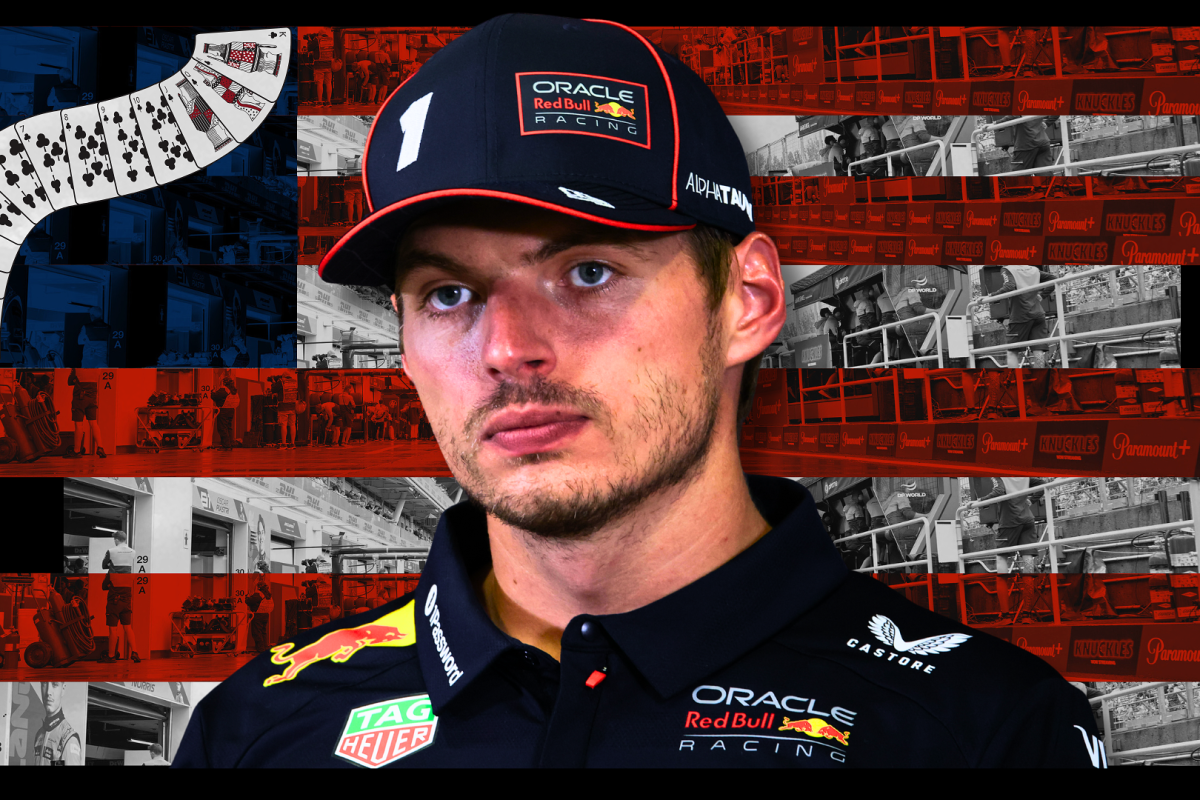 Vegas-themed USA flag background with playing cards and Verstappen looking grumpy