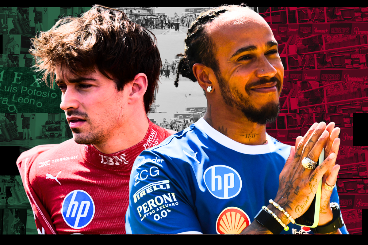 Leclerc in red Ferrari kit looking concerned, Hamilton in blue smiling in front of a Mexican flag background