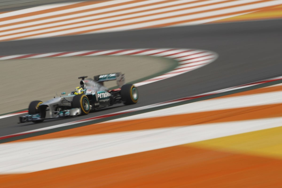 A Mercedes on track at the Buddh International Circuit for the Grand Prix of India in 2013