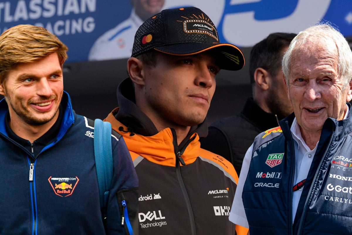 Helmut Marko (right) and Max Verstappen (left) laugh at a serious looking Lando Norris (middle)