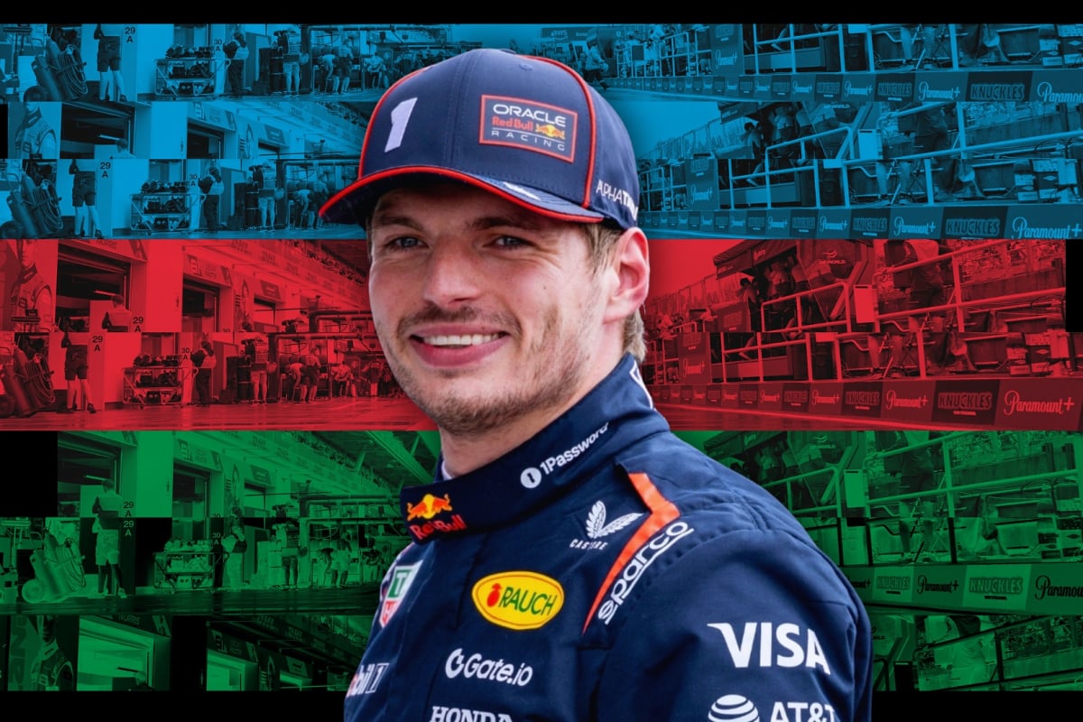 Verstappen in front of Azerbaijan flag themed background