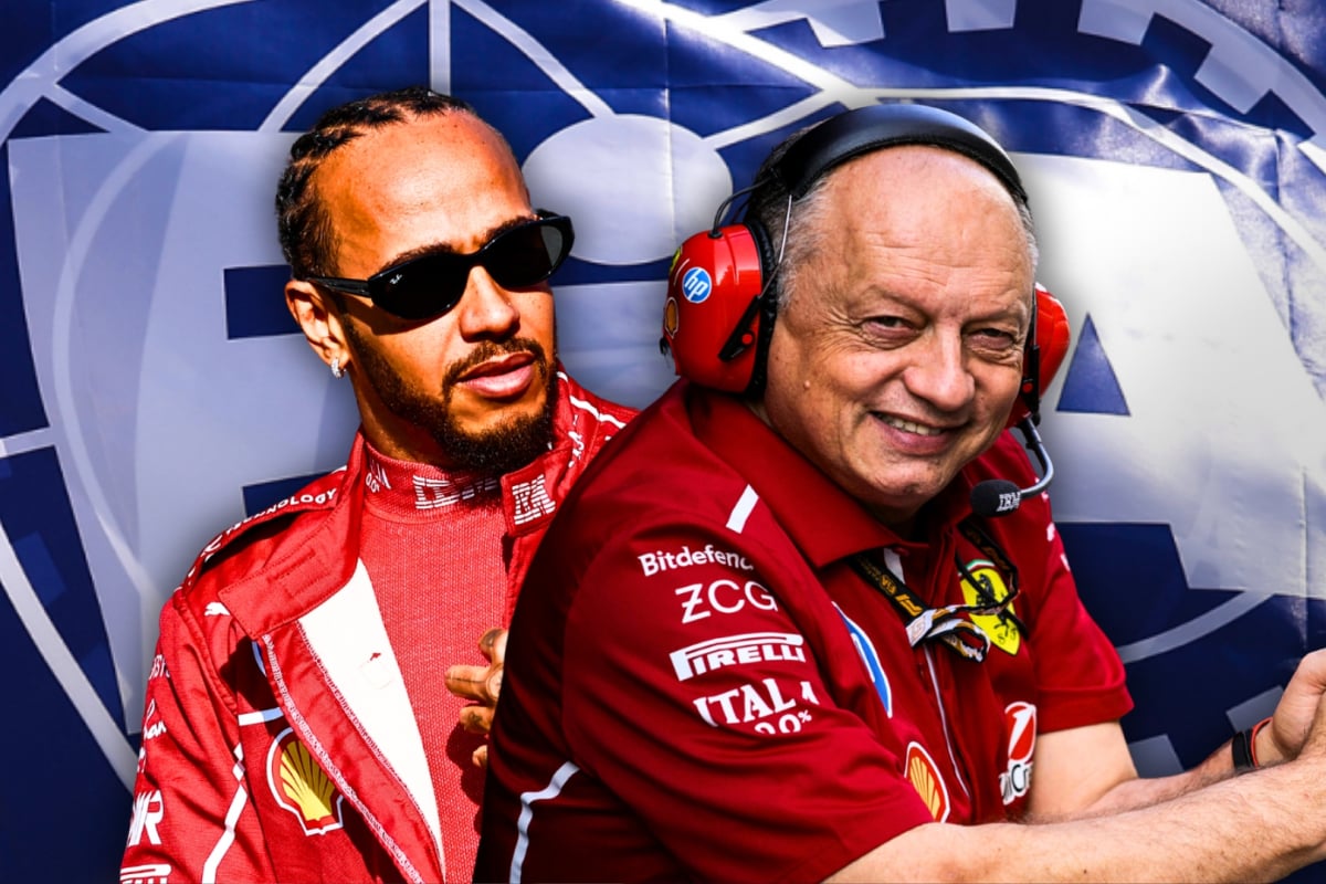 Hamilton looking serious next to smiling Vasseur, both in Ferrari F1 kit with blue and white FIA flag background