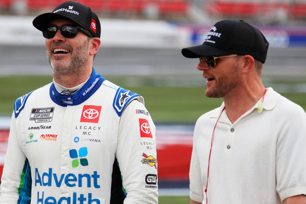 An image of NASCAR drivers turned team owners Jimmie Johnson and Justin Marks