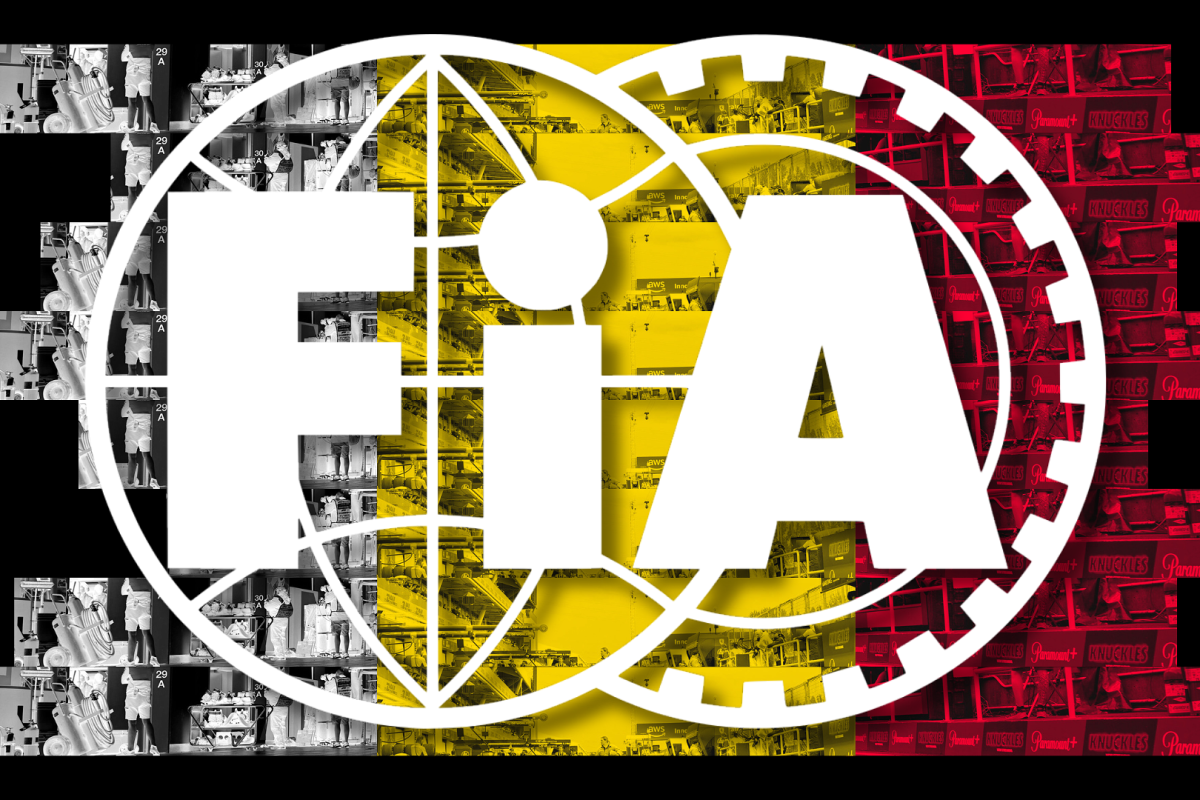 White FIA logo with black, yellow and red Belgian flag background