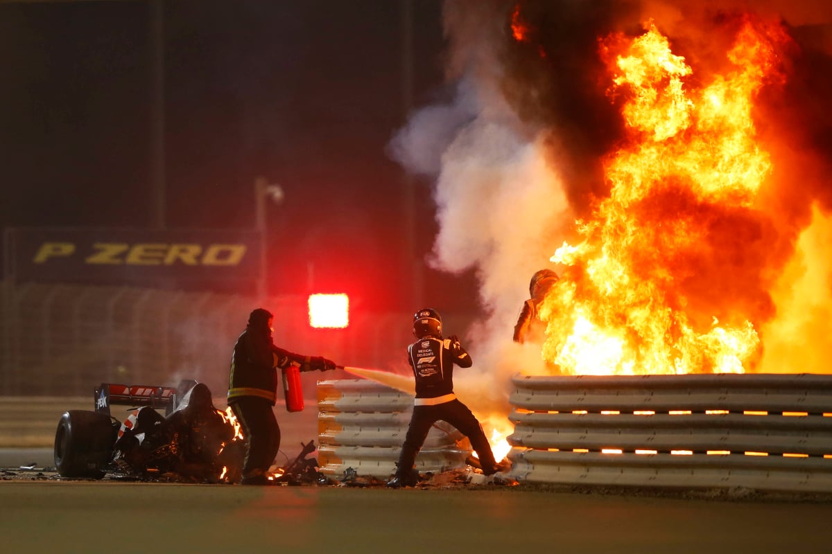 Grosjean in firey crash in Bahrain