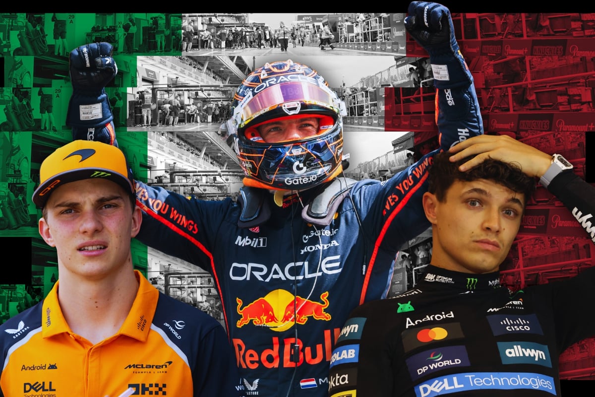 Composite image of Piastri, Verstappen and Norris in front of Italian flag-themed background