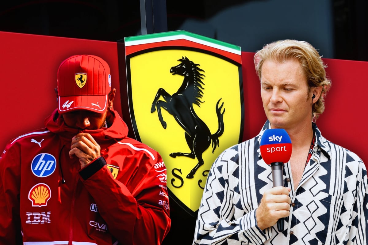 Composite image of Hamilton with Rosberg holding a Sky mic in front of Ferrari logo