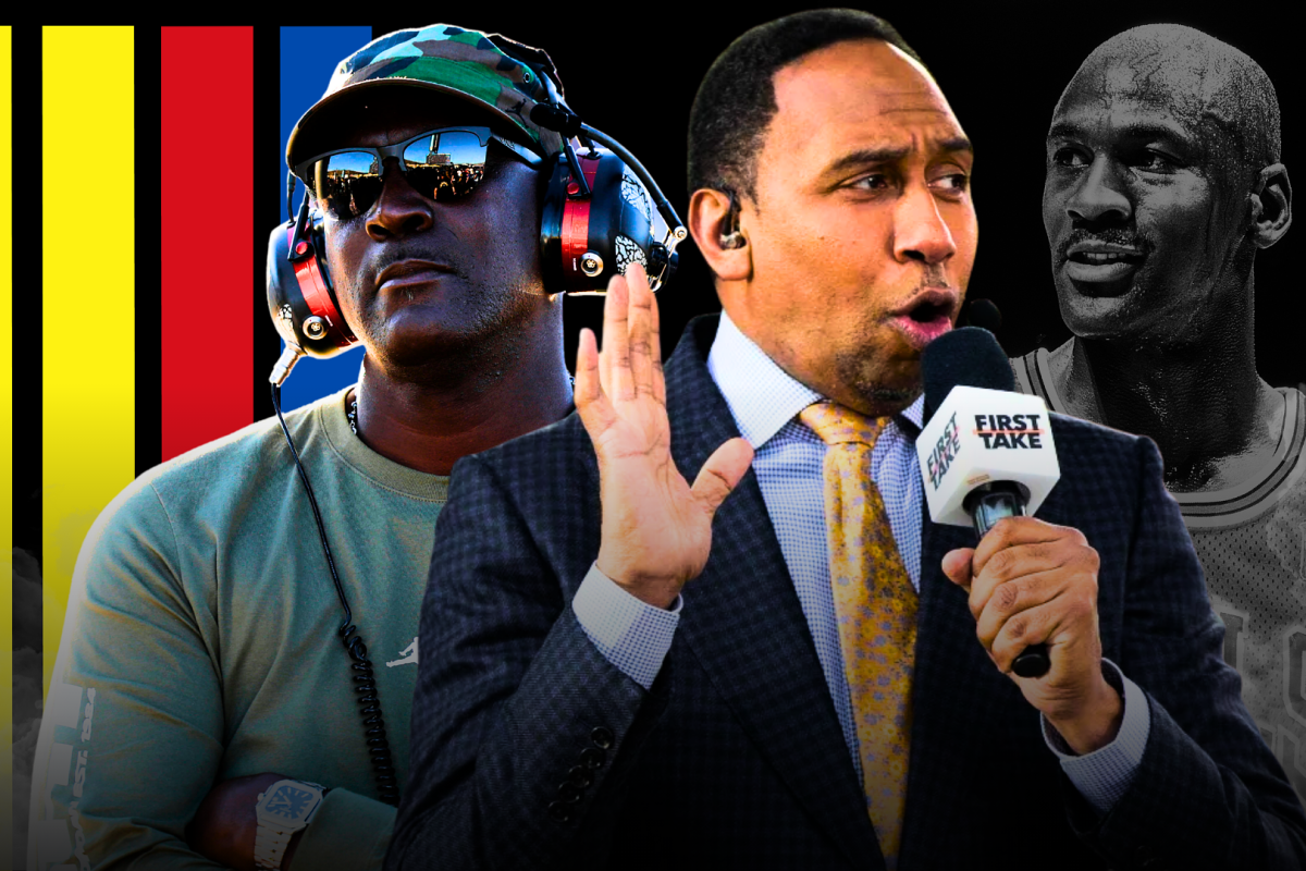 A composite image of Michael Jordan and Stephen A Smith with a NASCAR-themed background