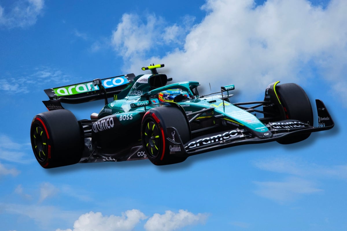 An Aston Martin F1 car is pictured in the sky as if it is flying