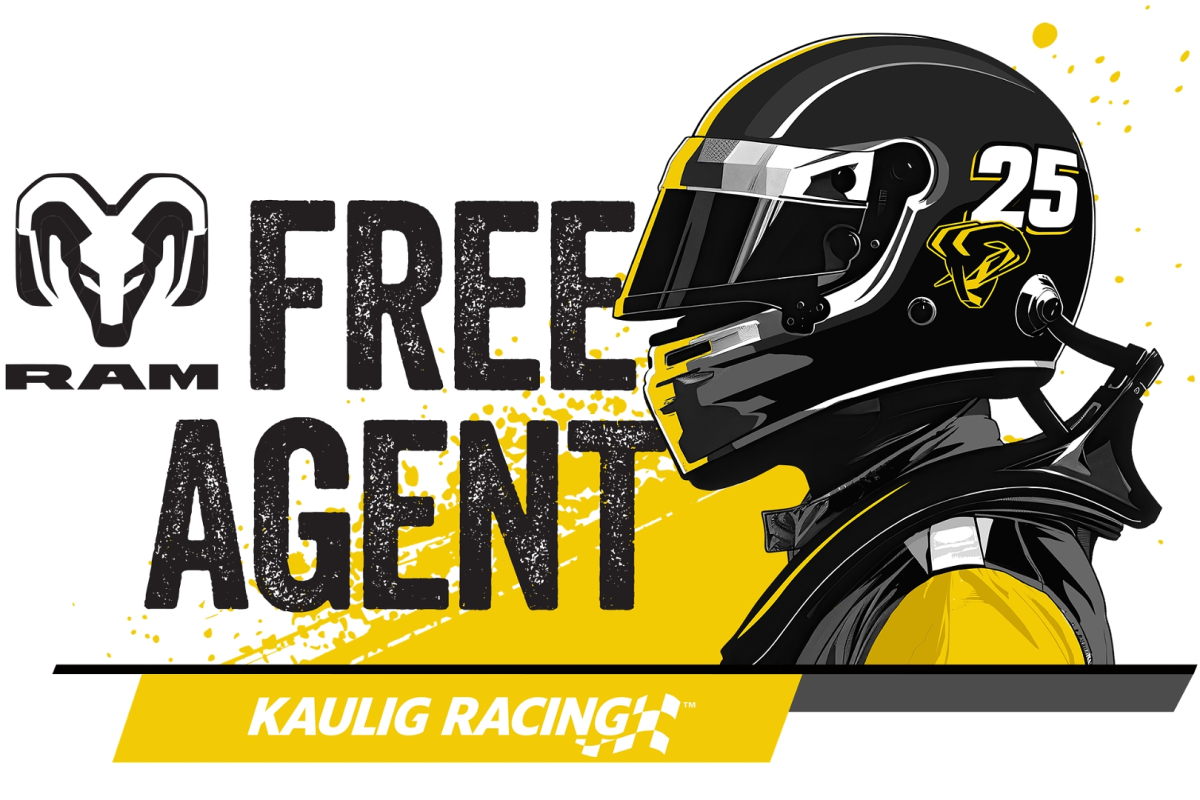 A promotional graphic of Kaulig Racing and Ram's Free Agent Program in NASCAR