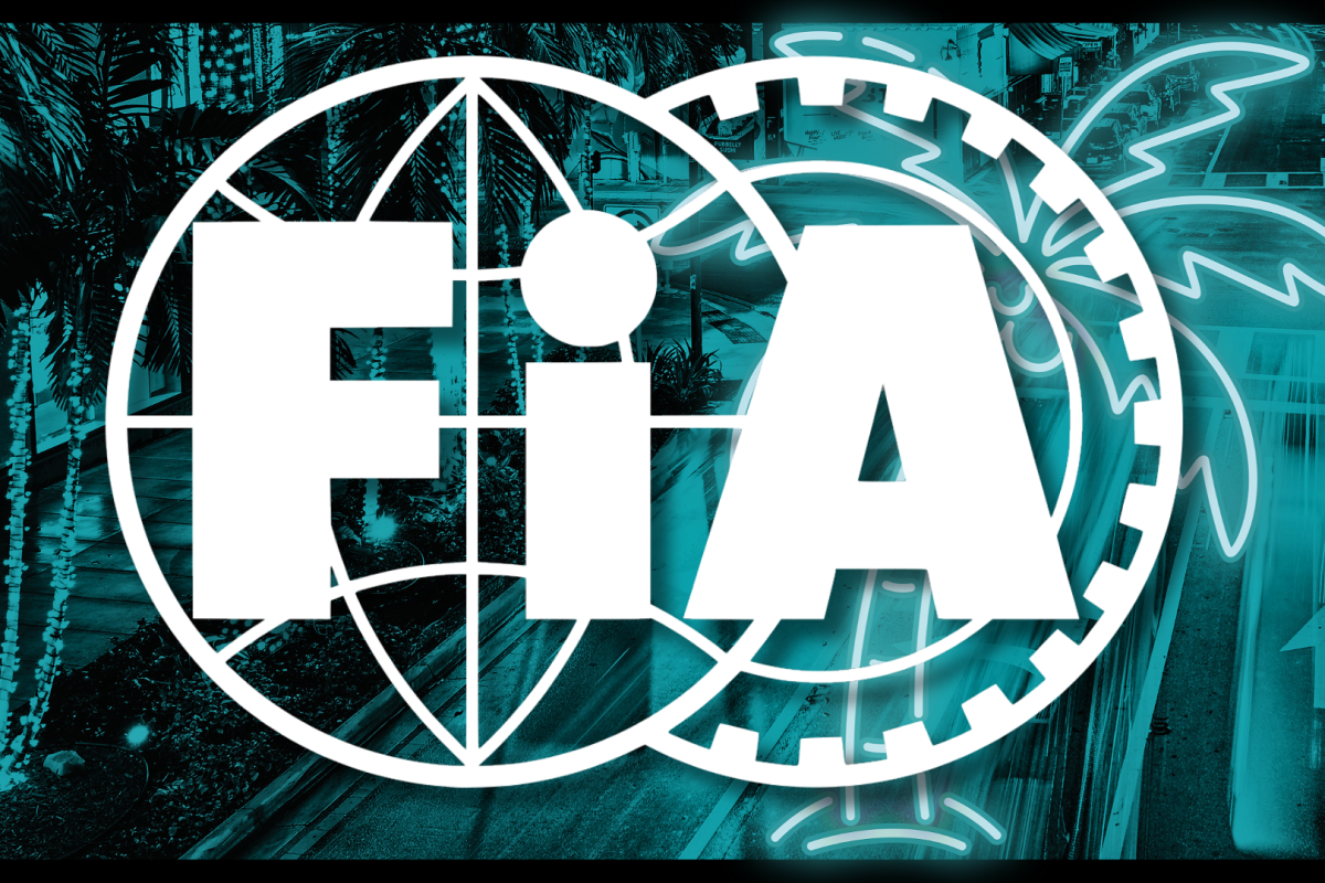 An FIA flag edited on a backdrop of a neon blue Miami palm tree 