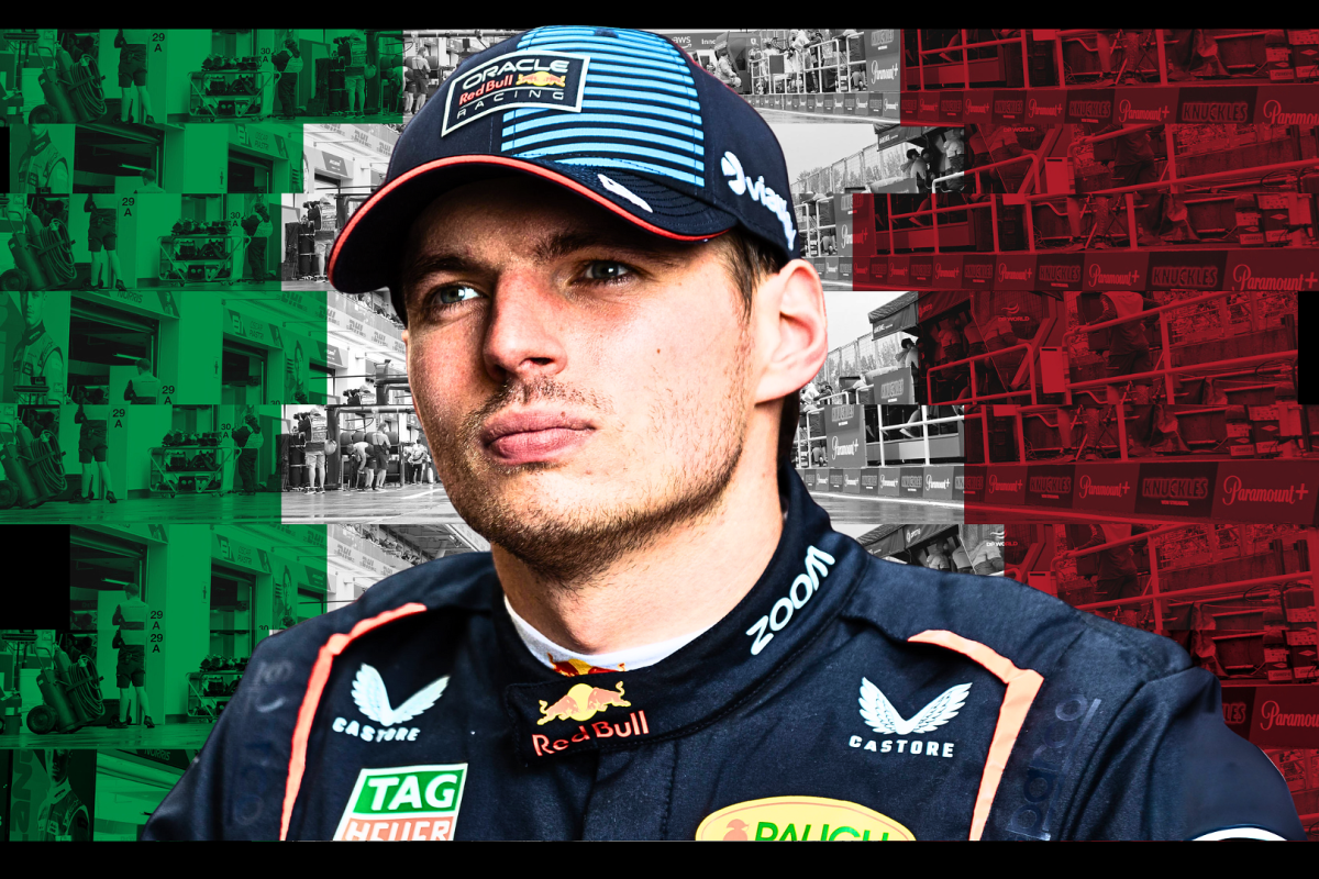 Max Verstappen in front of an Italian flag themed background shot of the Italian GP