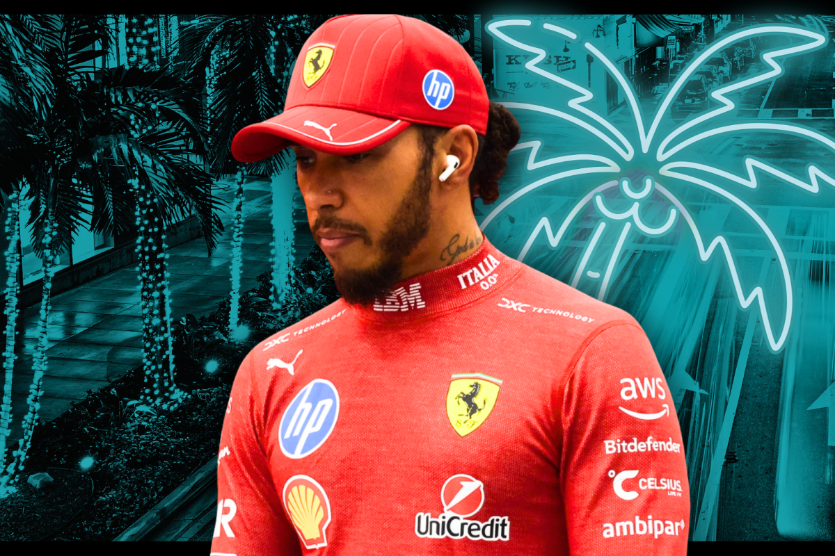 Lewis Hamilton looking sad edited on a backdrop of a neon blue Miami palm tree 