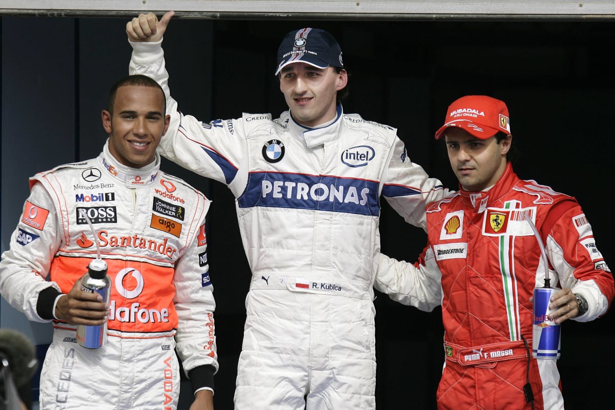 Felipe Massa, Robert Kubica and Lewis Hamilton on the podium at the 2008 Bahrain GP
