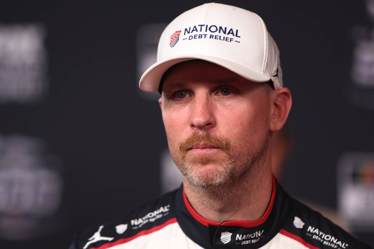 An image of Joe Gibbs Racing NASCAR driver Denny Hamlin talking to the media ahead of the Daytona 500