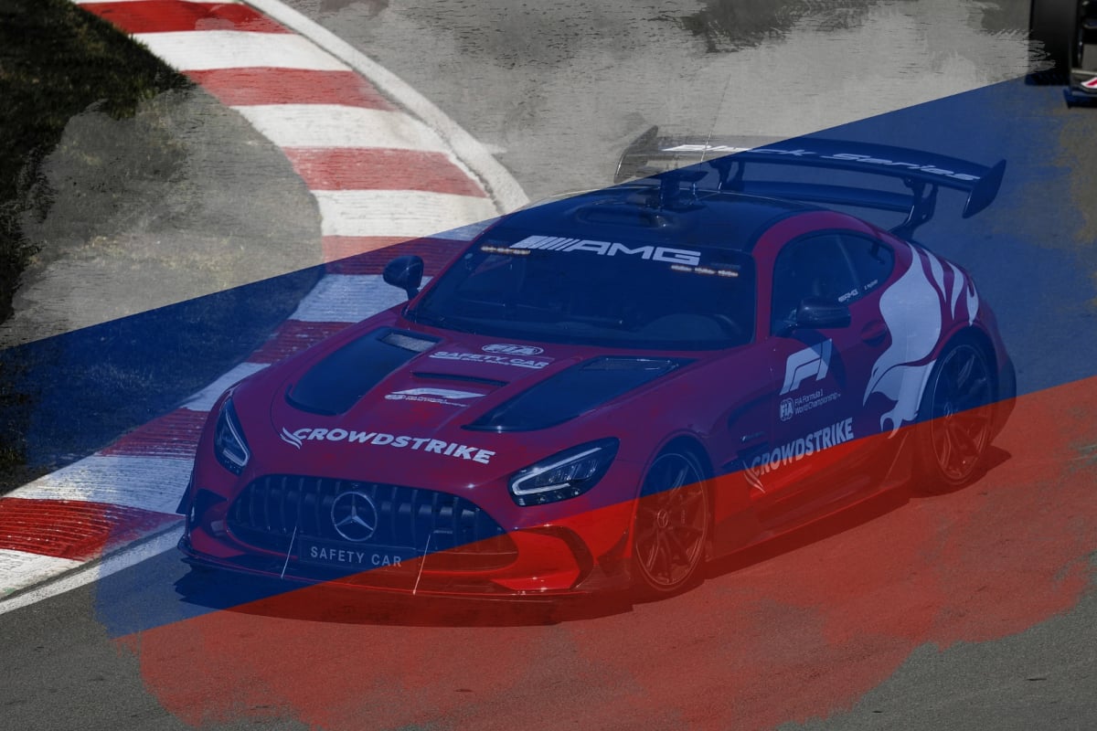 A safety car is shown with a Russian flag overlay