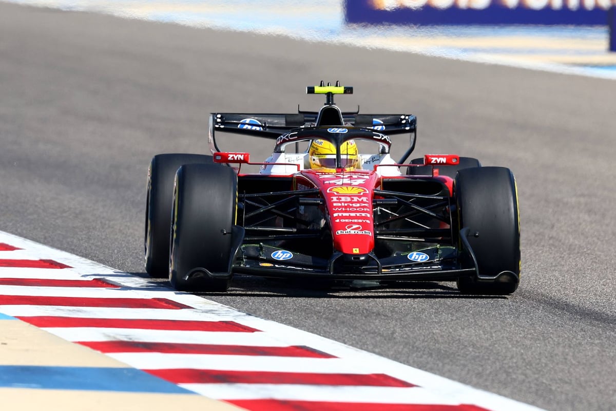 Lewis Hamilton drives his car at the Sakhir race track in pre-season testing