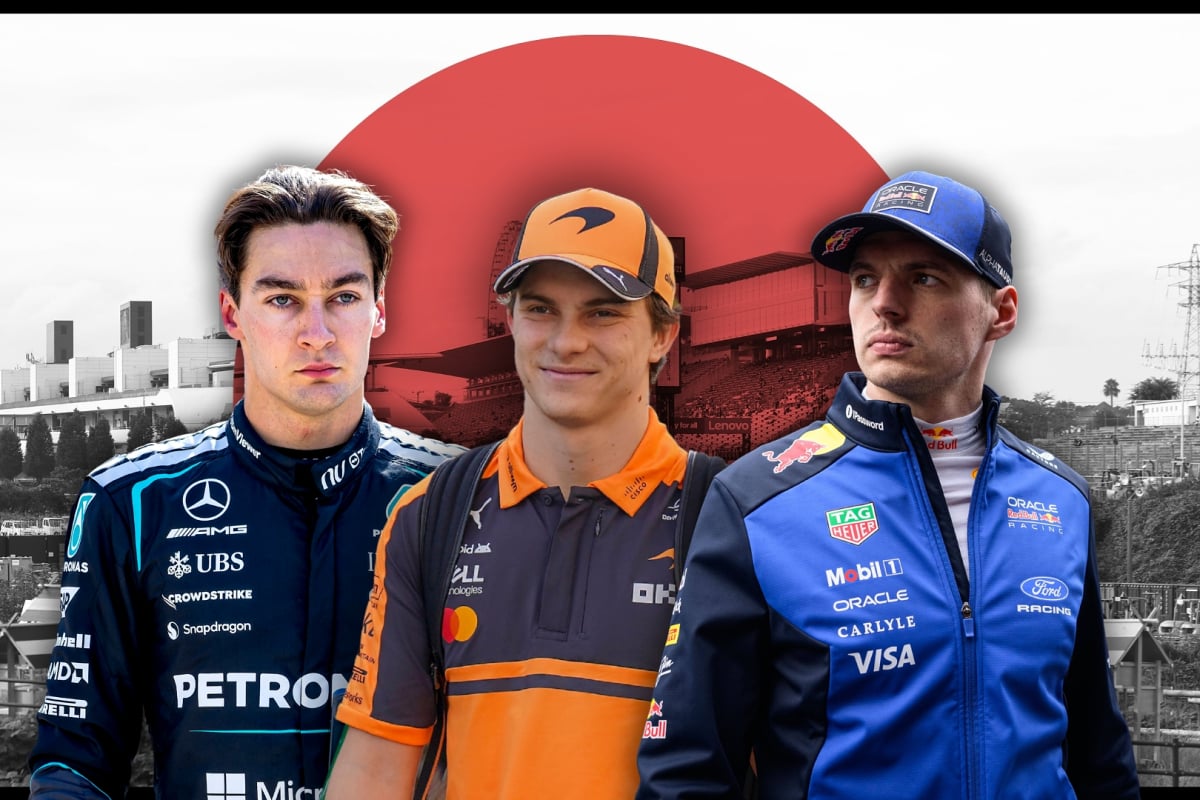 Headshots of an angry Russell and Verstappen either side of smiling Piastri with white and red Japanese-flag themed background
