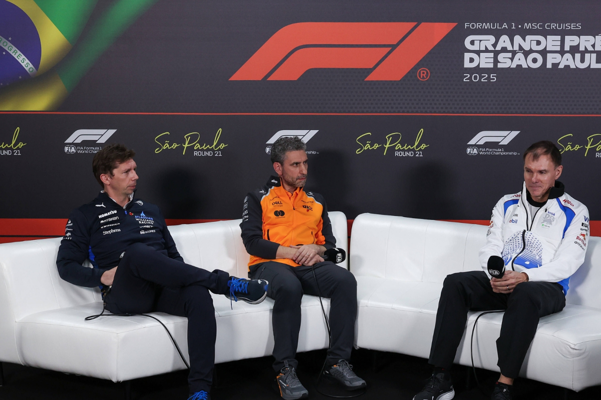 Vowles, Stella and Permane sat on the FIA press conference sofa in conversation at the Brazilian GP