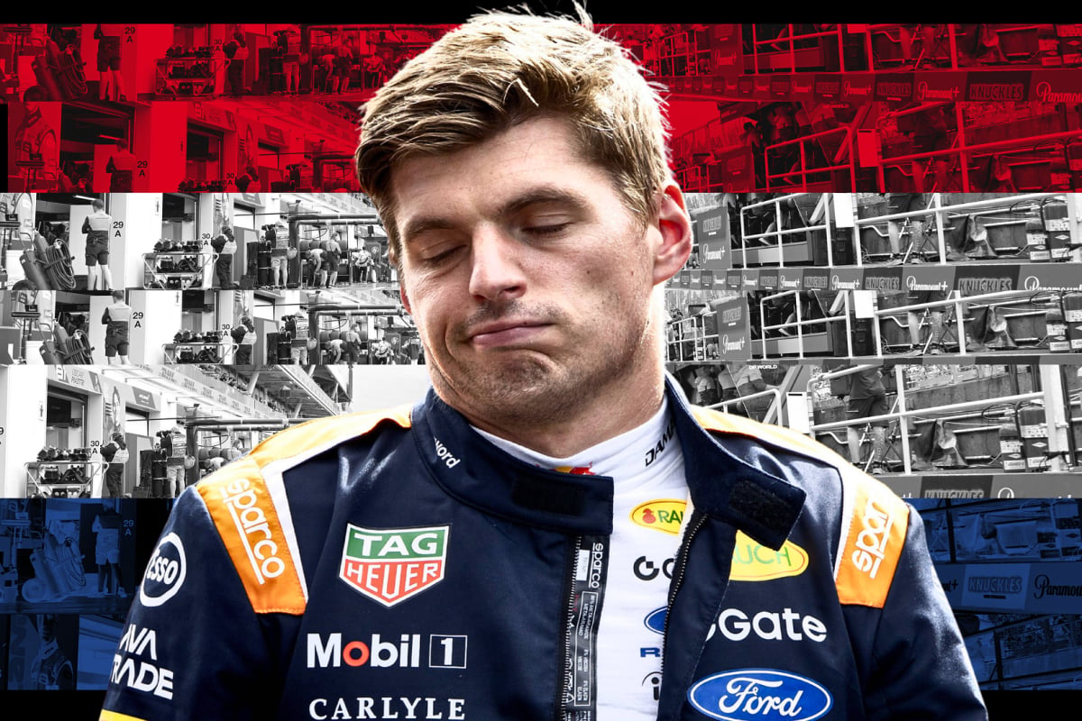 A compsite image of a disappointed Max Verstappen with a Dutch themed background