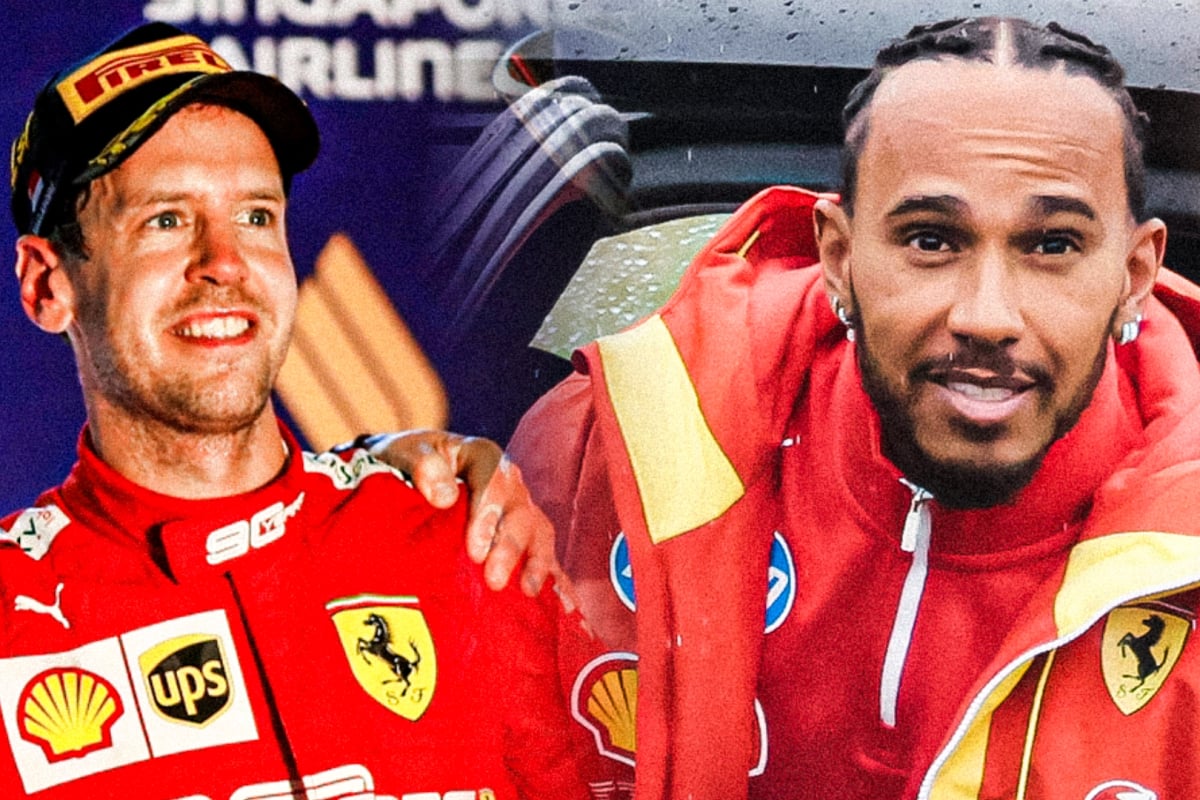 Composite image of Vettel and Hamilton both during their time at Ferrari, dressed in red