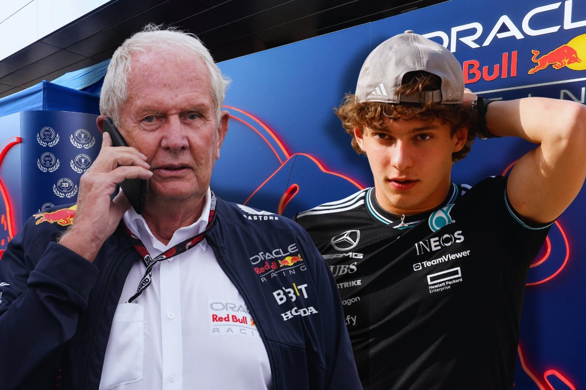 Composite of Helmut Marko and Kimi Antonelli in front of Red Bull paddock